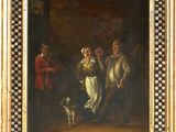 an oil painting of a group of people and a dog in a room