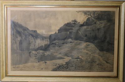 peinture représentant un paysage de montagne avec une rivière au premier plan