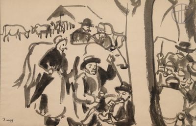 dessin d'un groupe de personnes assises autour d'une table dans une pièce