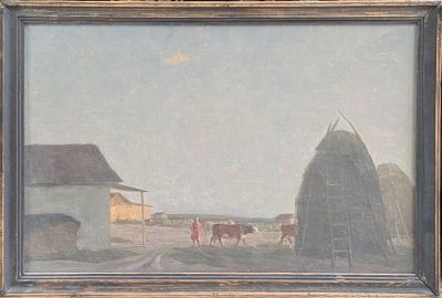 une peinture à l'huile représentant une scène de vie à la ferme avec une vache et deux hommes