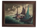an oil painting of boats in the ocean with a cloudy sky in the background