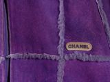 chanel purple shearling jacket with gold logo
