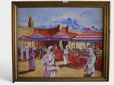 painting of a market scene with a mountain in the background