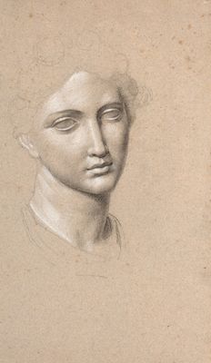 an old drawing of a woman ' s head with a long hair