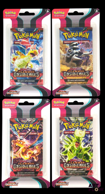 quatre paquets de cartes à collectionner Pokémon dans un emballage en plastique