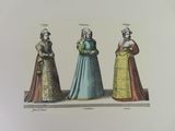 three women in medieval dress standing next to each other in front of a white background
