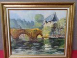 une peinture à l'huile représentant un pont sur une rivière avec un château à l'arrière-plan