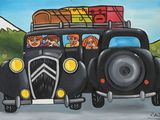 a painting of a black car with luggage on top of it