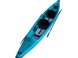 a blue kayak sitting on top of a white surface
