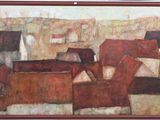 a painting on the wall of a room with a chair and a table