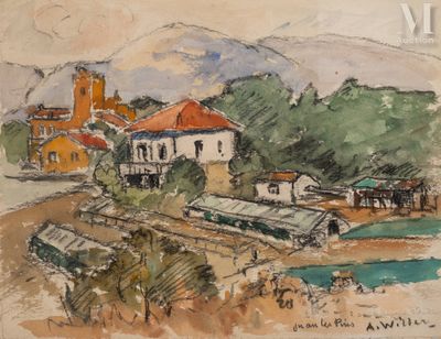 une image représentant un tableau d'un village avec une rivière au premier plan