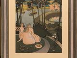 an image of a painting of two women sitting in a park