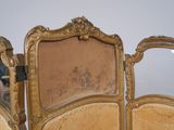 a gold colored bed with a mirror on top of it