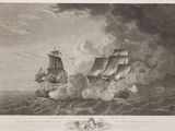 une vieille gravure représentant deux navires en pleine mer, d'où s'échappe de la fumée