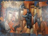 peinture abstraite représentant un taureau et une femme à cornes sur fond bleu