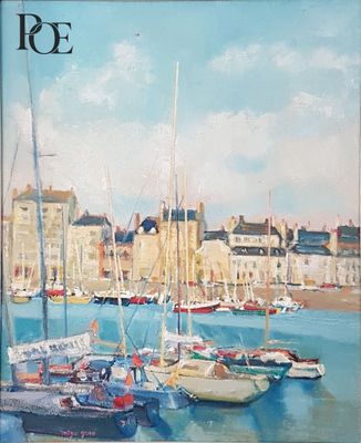 une peinture de bateaux dans un port avec des bâtiments à l'arrière-plan