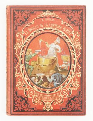 un vieux livre avec l'image d'une femme en train de cuisiner dans une casserole