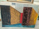 a picture of a painting on the floor with a mirror in the background