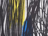painting of a blue vase with yellow and black paint on a white background