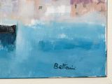 a painting of a boat in the water with a sky background