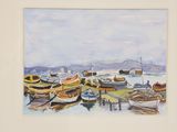 a painting of boats docked on the shore of a harbor