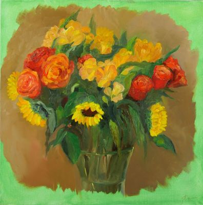 Mathilde CAUSSE (née en 1961). Bouquet de fleurs. Huile sur …