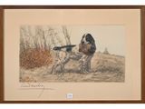 tableau représentant un chien dans un champ, avec des arbres et des buissons en arrière-plan