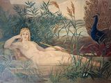 un tableau représentant une femme allongée par terre à côté d'un paon