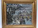 an oil painting of a river scene with a bridge and a castle