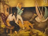une image représentant un tableau où l'on voit un homme sur un bateau en compagnie d'autres personnes et d'animaux