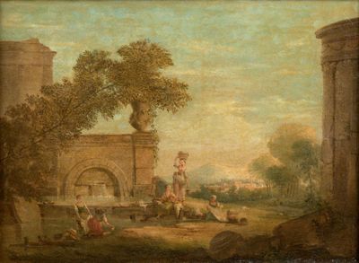 tableau représentant un homme et une femme dans un paysage