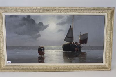 tableau représentant un bateau sur l'eau avec des personnes dans l'eau
