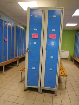 several blue lockers are lined up in a row in a room