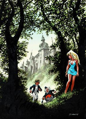 une image représentant un tableau où l'on voit une femme en robe bleue debout devant un château