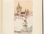 an open book with a drawing of a windmill in front of a castle