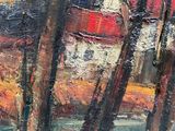 an oil painting of a red barn in a field with trees in the foreground