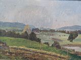 une peinture accrochée au mur d'un immeuble, représentant un paysage champêtre