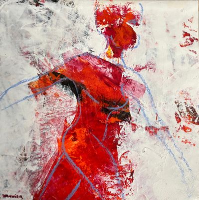 tableau représentant une femme en robe rouge tenant une raquette de tennis