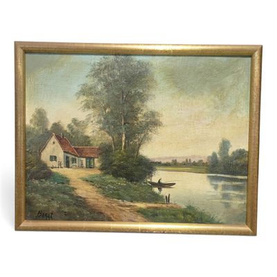 an old painting of a farm scene with a man and a horse by a river