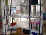 une pièce avec une fenêtre, des étagères et des cartons à l'intérieur