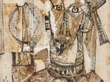 an image of a painting of a man and a woman with a bird on his head