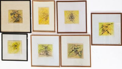 several framed pictures of birds and flowers on a white wall