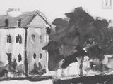 a black and white drawing of a train on the tracks