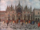 painting of a painting of people walking in front of a large building