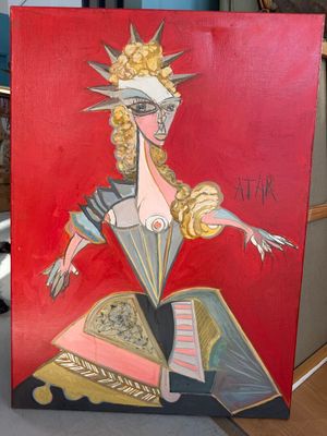 tableau représentant une dame avec un éventail sur fond rouge
