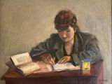 a painting of a woman sitting at a table reading a book