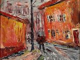 une peinture à l'huile représentant une personne marchant dans la rue avec un parapluie