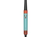 a close up of a blue and orange pen on a white background