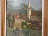 une peinture sur le mur d'un immeuble représentant un bateau dans l'eau