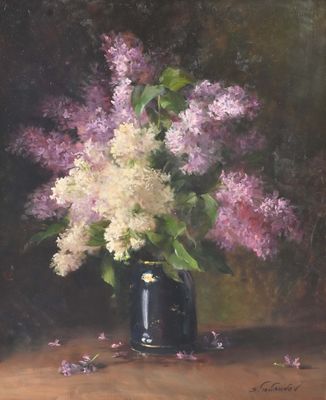 painting of purple and white lilas in a black vase on a table